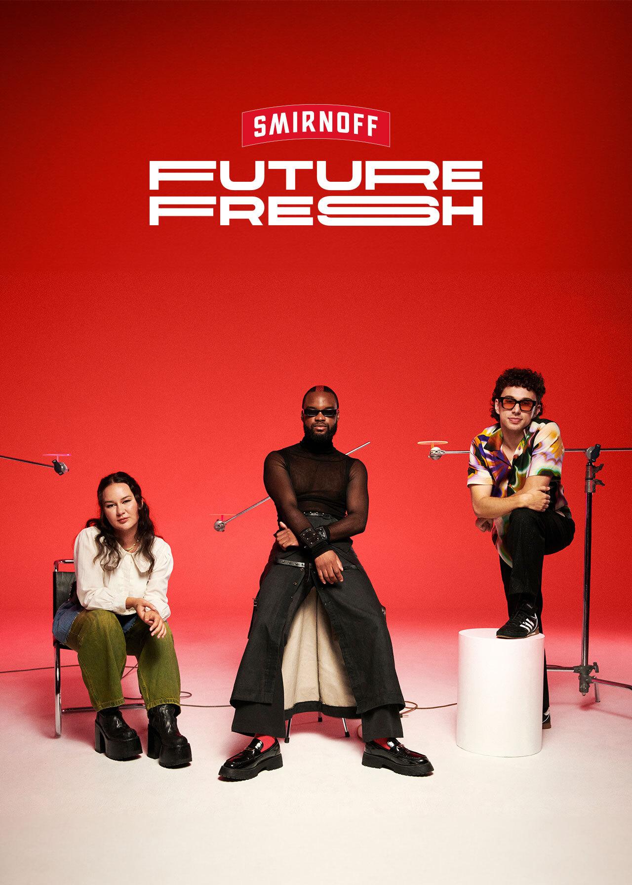 Genesis Owusu, Mallrat, and Young Franco with caption 'Smirnoff Future Fresh'